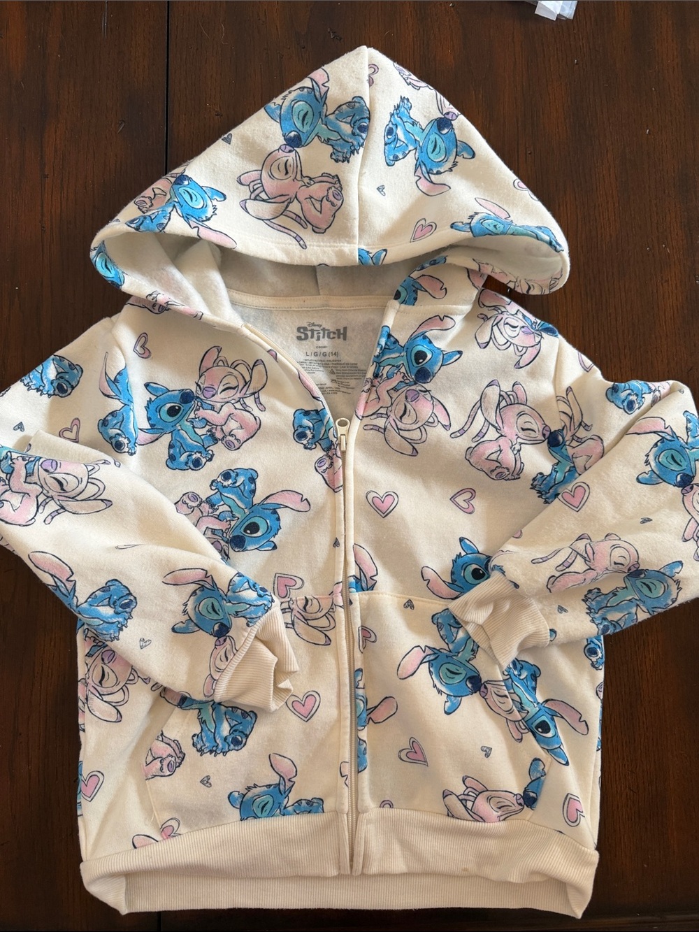 Girls Disney Cream Zip Hoodie with Blue & Pink Stitch and Angel Print